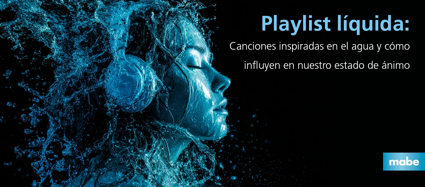 Ilustración de una mujer con audífonos formada por agua, representando cómo las canciones inspiradas en el agua influyen en el estado de ánimo y bienestar.