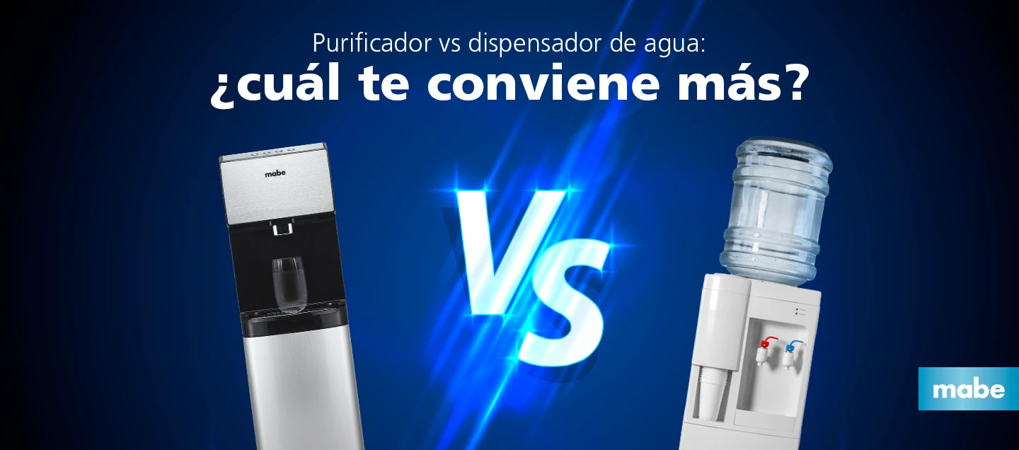 Comparativa entre purificador de agua Mabe y dispensador de garrafón tradicional, con fondo azul y texto “¿Cuál te conviene más?”