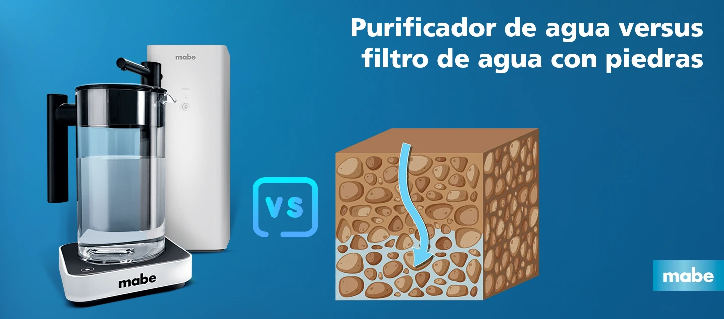 Comparativa entre purificador de agua Mabe y filtro de agua con piedras, mostrando diferencias en tecnología de purificación doméstica.