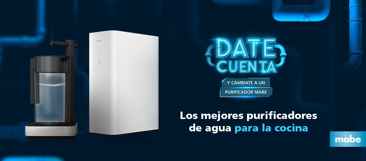 Purificadores de agua Mabe para cocina, mostrando equipos domésticos modernos para obtener agua purificada segura en casa.