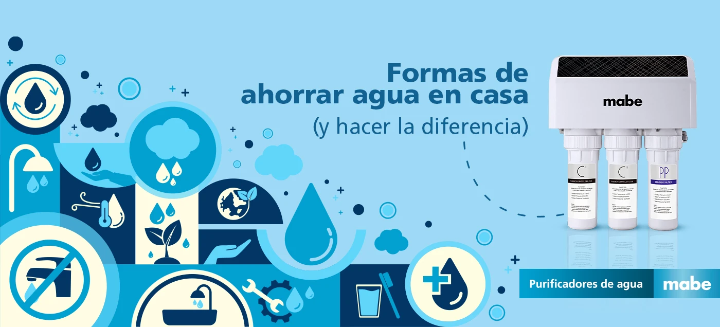 Infografía con íconos de ahorro de agua y purificador mabe, acompañada del texto 'Formas de ahorrar agua en casa y hacer la diferencia'. Campaña de purificadores de agua mabe