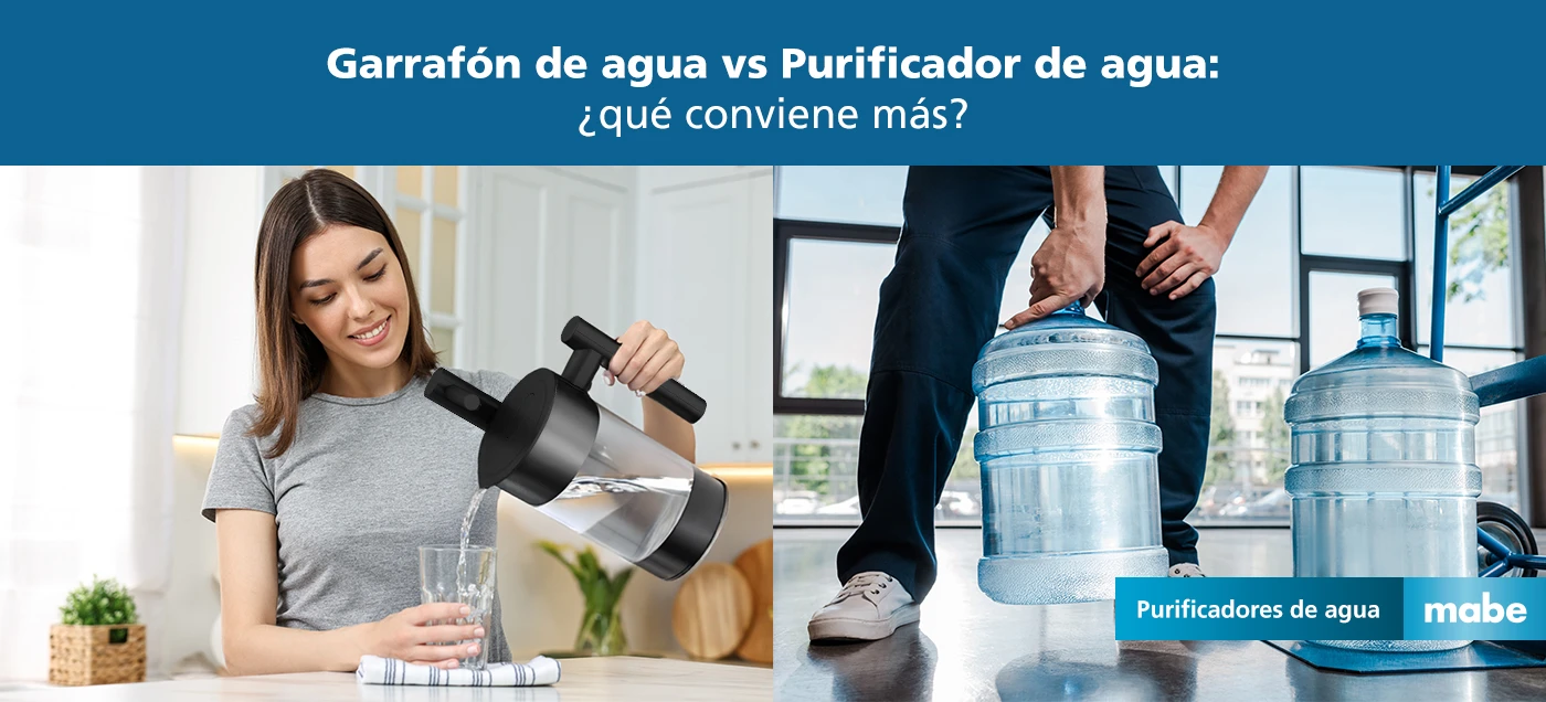 Comparación entre mujer usando purificador de agua y persona cargando garrafones, con el texto 'Garrafón de agua vs Purificador de agua: ¿qué conviene más?'. Campaña de purificadores de agua mabe
